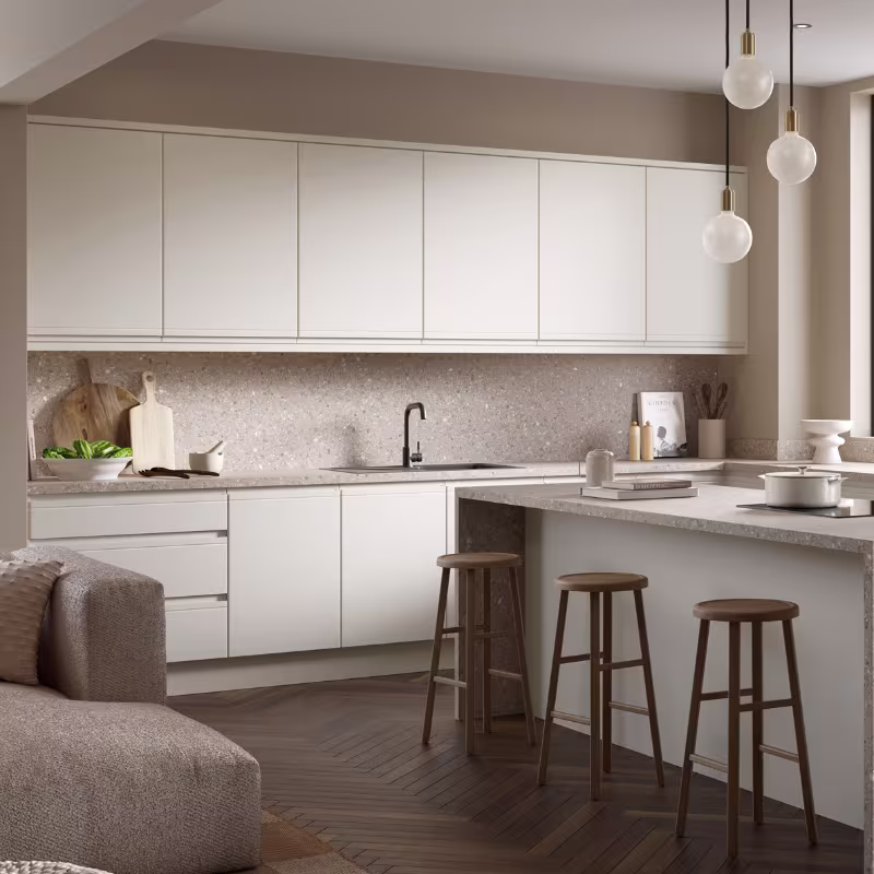 soft beige handleless kitchen cupboard doors